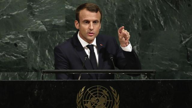 Der französische Präsident Emmanuel Macron spricht am 19.09.2017 in New York (USA) bei der UN-Generaldebatte der Vereinten Nationen.