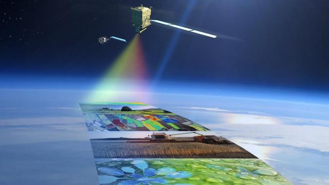 Eine Computergraphik verdeutlicht die Funktionsweise des FLEX-Satelliten der ESA: Fluoreszenzmessungen lassen Rückschlüsse auf die Photosyntheseleistung der Pflanzen zu
