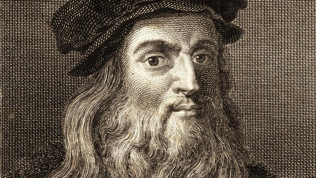 Ein Kupferstich zeigt eine Porträt von Leonardo da Vinci Ein Kupferstich zeigt eine Porträt von Leonardo da Vinci