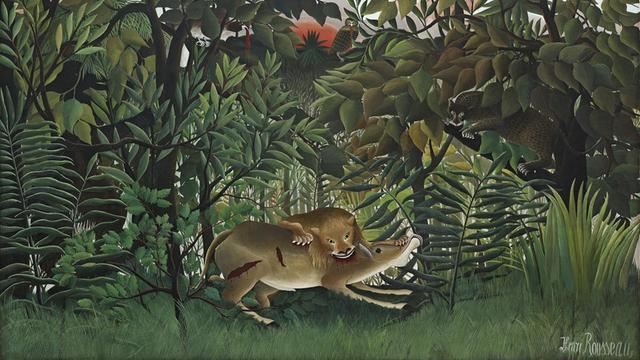 Henri Rousseau, Le lion, ayant faim, se jette sur l'antilope, 1898 – 1905, Öl auf Leinwand, 200 x 301 cm, Fondation Beyeler, Riehen/Basel, Sammlung Beyeler.