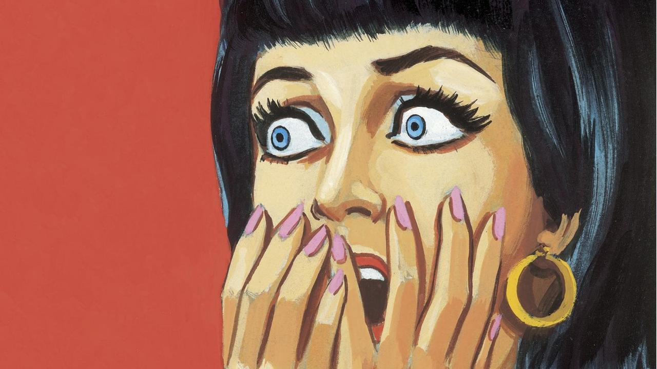 Eine weibliche Comicfigur hält sich bei weit aufgerissenen Augen ihre Hände vor dem Mund. Eine weibliche Comicfigur hält sich bei weit aufgerissenen Augen ihre Hände vor dem Mund.