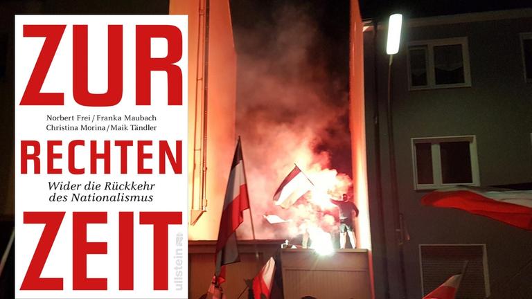 Hintergrundbild: Das Foto zeigt eine Demonstration von Rechtsradikalen in Dortmund-Marten, mitPyrotechnik und Schwarz-Weiß-Roten Fahnen, die von 1933 bis 1945 die Farben der Flagge des Deutschen Reiches darstellten. Vordergrund: Buchcover Hintergrundbild: Das Foto zeigt eine Demonstration von Rechtsradikalen in Dortmund-Marten, mitPyrotechnik und Schwarz-Weiß-Roten Fahnen, die von 1933 bis 1945 die Farben der Flagge des Deutschen Reiches darstellten. Vordergrund: Buchcover