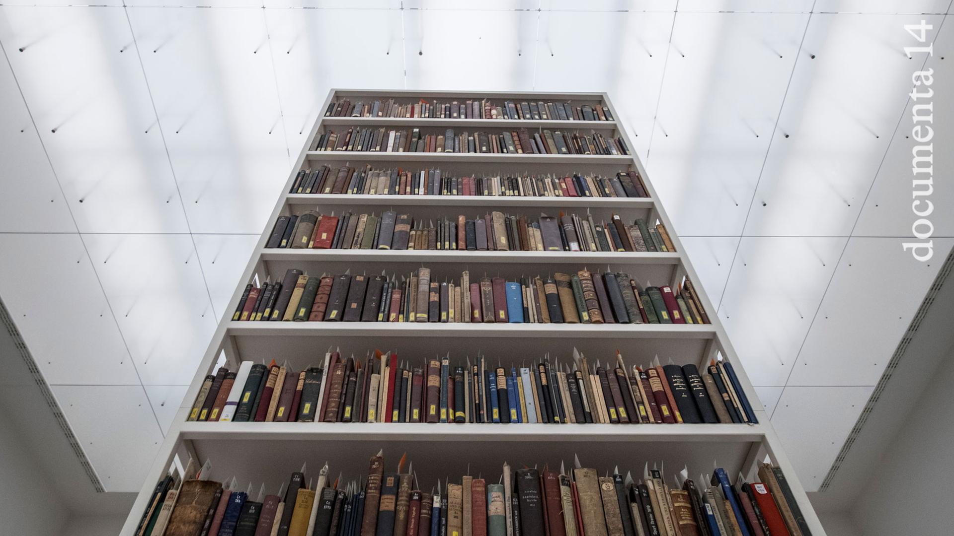 Illegal beschlagnahmte Bücher aus vormals jüdischem Besitz zeigt die Installation von Maria Eichhorn auf der documenta 14 in Kassel (Hessen). Illegal beschlagnahmte Bücher aus vormals jüdischem Besitz zeigt die Installation von Maria Eichhorn auf der documenta 14 in Kassel (Hessen).