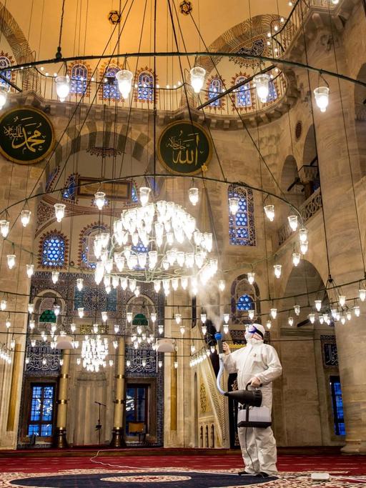 Ein Mitglied der Stadtverwaltung von Istanbul desinfiziert im März 2020 die Kilic-Ali-Pasa-Moschee, um die Ausbreitung des Coronavirus zu verhindern.