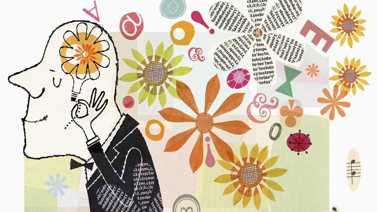 Collage eines glücklichen denkenden Mannes umgeben von Blumen Collage eines glücklichen denkenden Mannes umgeben von Blumen