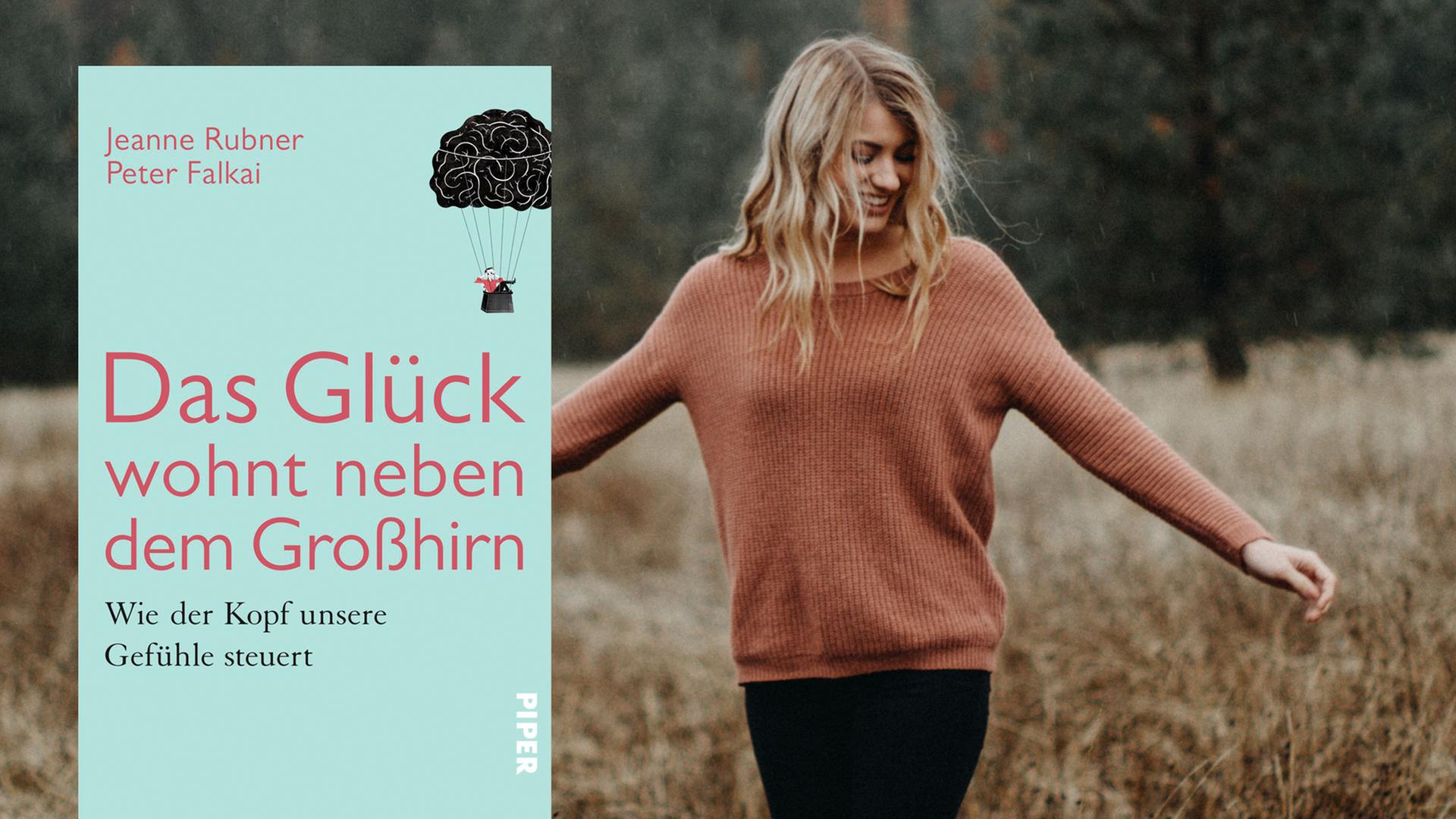 Buchvover: "Das Glück wohnt neben dem Großhirn" von Peter Falkai und Jeanne Rubner. Im Hintergrund: Eine lächelnde Frau. Buchvover: "Das Glück wohnt neben dem Großhirn" von Peter Falkai und Jeanne Rubner. Im Hintergrund: Eine lächelnde Frau.