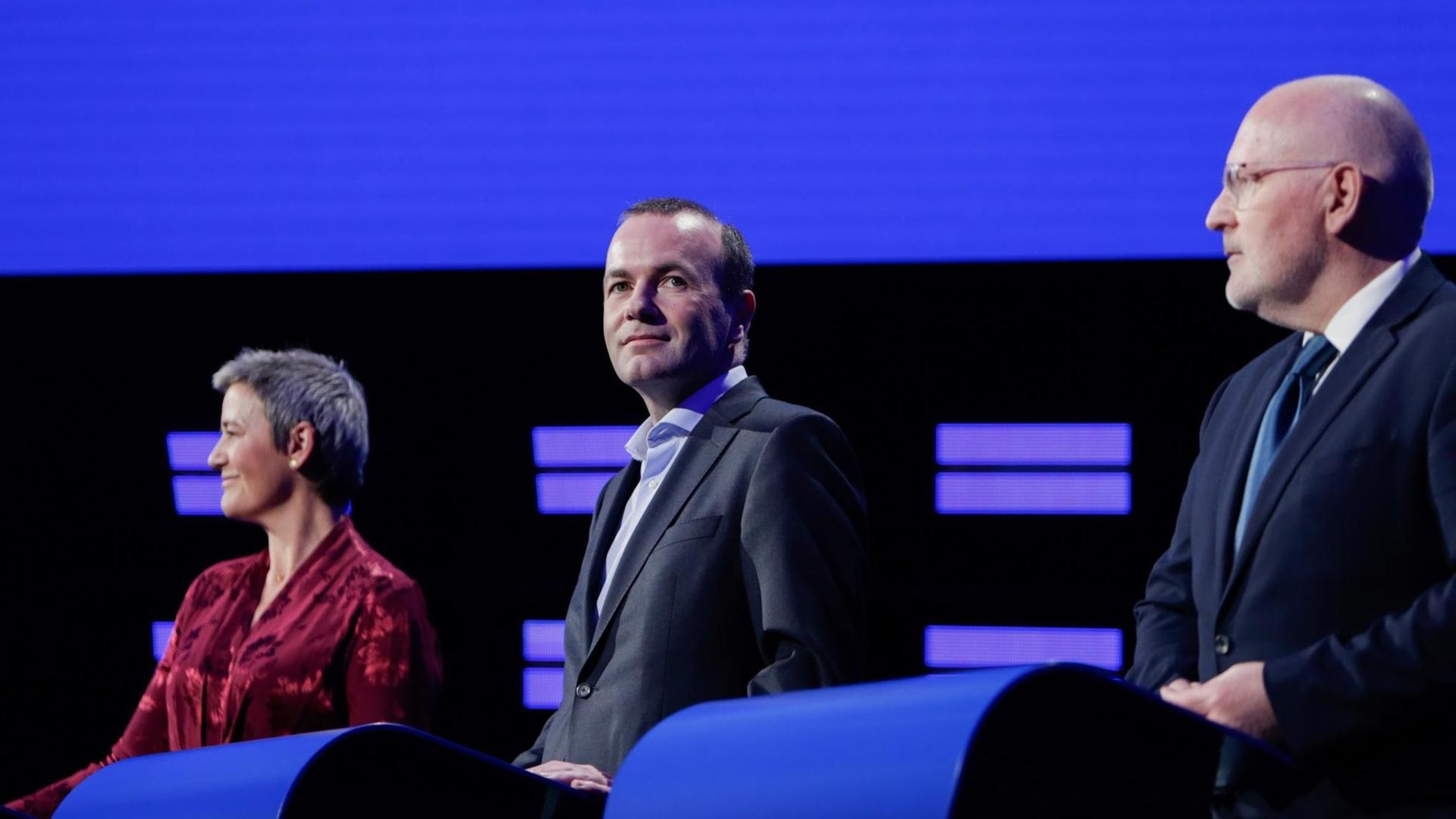 Die Liberale Margrethe Vestager, der Konservative Manfred Weber und der Sozialdemokrat Frans Timmermans beim TV-Duell zur Europawahl 2019