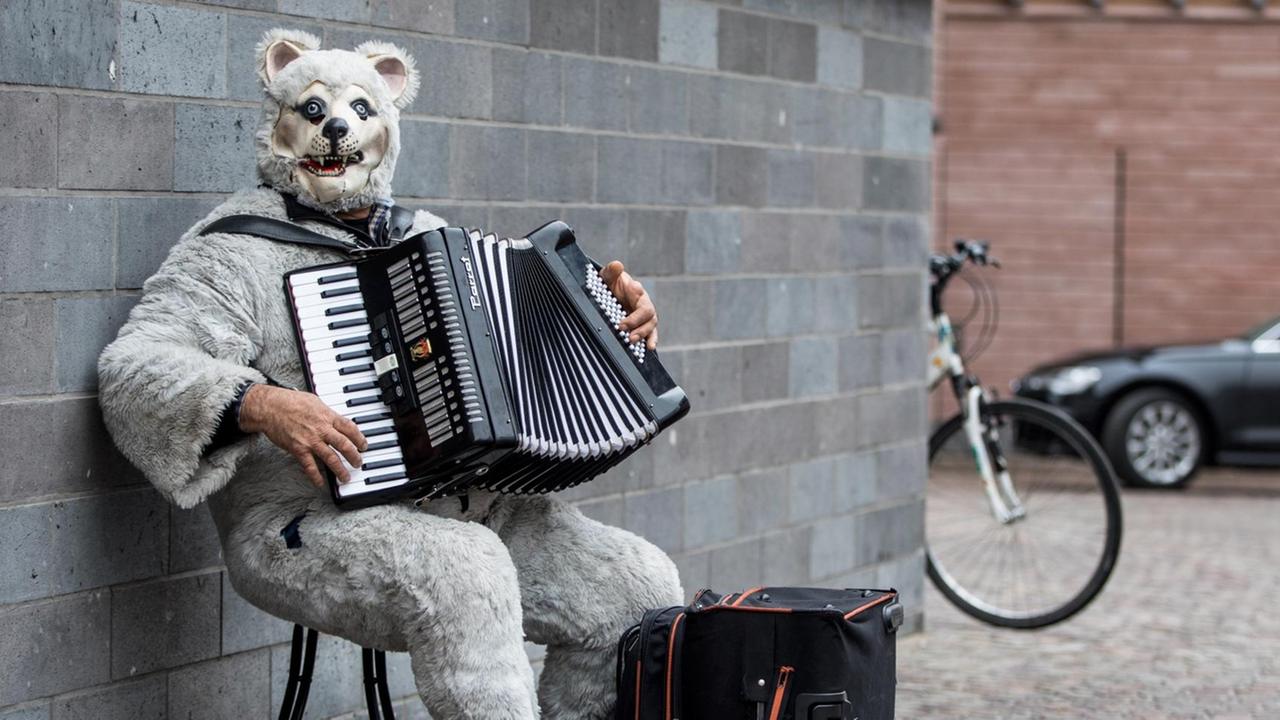 Ein Straßenmusiker hat sich als Bär verkleidet und spielt mit seinem Akkordeon. Ein Straßenmusiker hat sich als Bär verkleidet und spielt mit seinem Akkordeon.