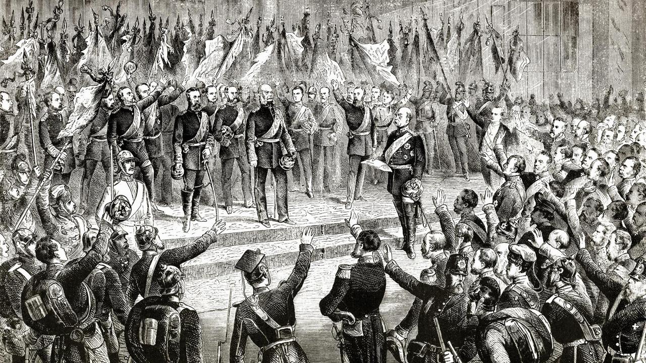 Historische Zeichnung mit der Darstellung der Proklamation des Königs von Preußen. König Wilhelm I. von Preußen, wird 1871 im Spiegelsaal des Schlosses von Versailles zum Deutschen Kaiser ausgerufen. Historische Zeichnung mit der Darstellung der Proklamation des Königs von Preußen. König Wilhelm I. von Preußen, wird 1871 im Spiegelsaal des Schlosses von Versailles zum Deutschen Kaiser ausgerufen.