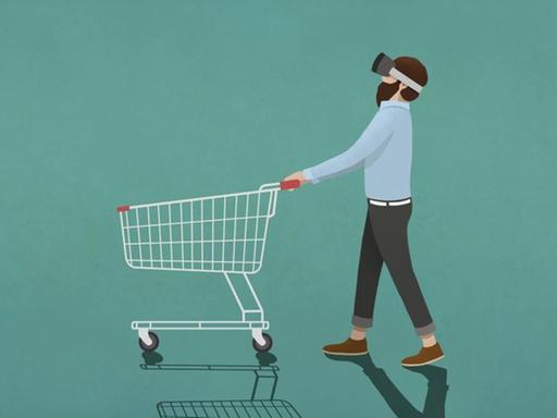 Eine Illustration zeigt einen Mann, der mit einer Virtual-Reality-Brille nach oben schaut, während er einen Einkaufswagen schiebt.