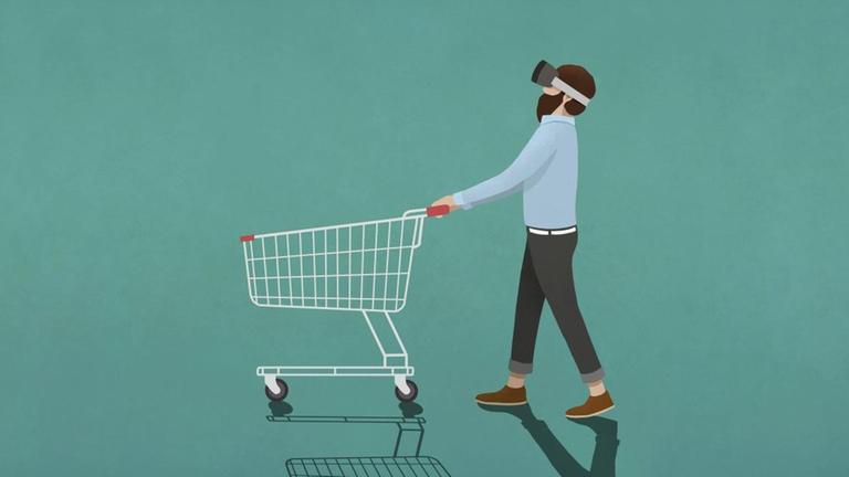 Eine Illustration zeigt einen Mann, der mit einer Virtual-Reality-Brille nach oben schaut, während er einen Einkaufswagen schiebt. Eine Illustration zeigt einen Mann, der mit einer Virtual-Reality-Brille nach oben schaut, während er einen Einkaufswagen schiebt.