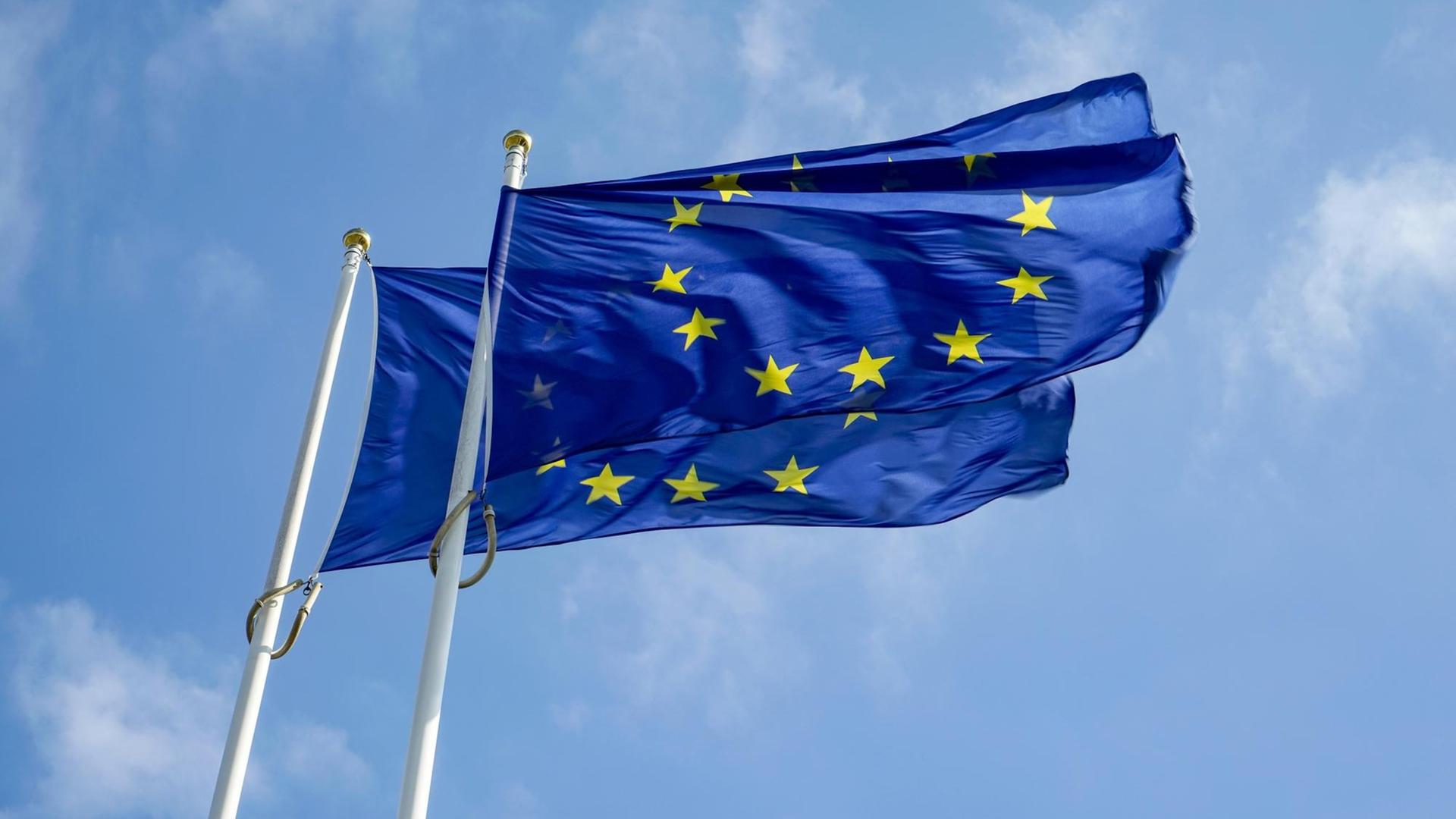 Das Bild zeigt zwei EU-Flaggen, die vor dem Parlament in Straßburg wehen. Das Bild zeigt zwei EU-Flaggen, die vor dem Parlament in Straßburg wehen.