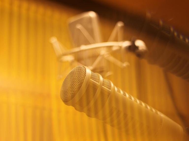 Ein Mikrofon im Tonstudio in warmer Lichtstimmung