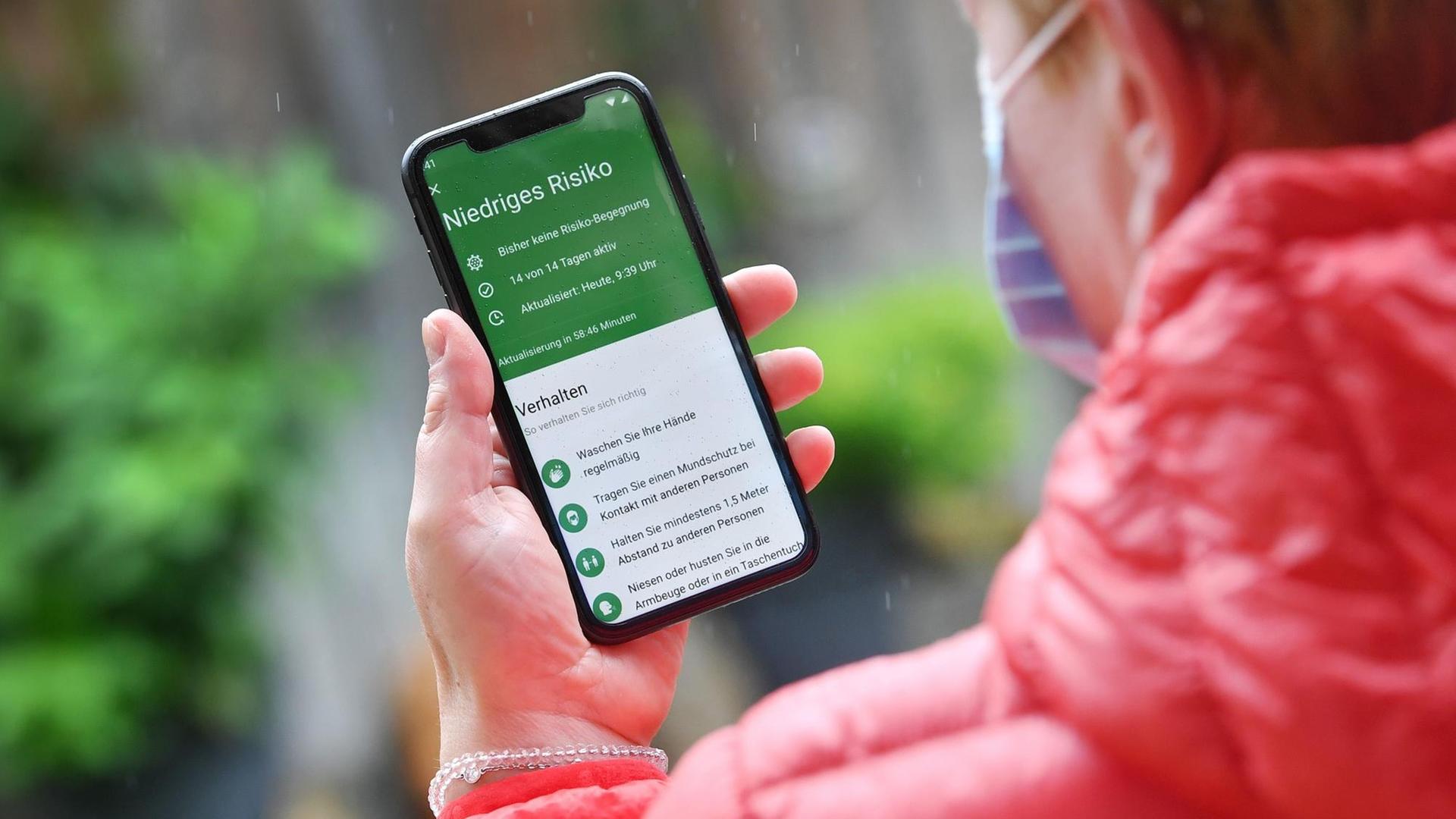 Eine Person mit Schutzmaske blickt auf ihr Smartphone. Die App zeigt "Niedriges Risiko" einer Ansteckung an. Eine Person mit Schutzmaske blickt auf ihr Smartphone. Die App zeigt "Niedriges Risiko" einer Ansteckung an.