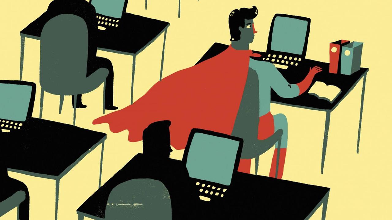 Illustration: Büro-Superheld sitzt an einem Schreibtisch im roten Umhang. Illustration: Büro-Superheld sitzt an einem Schreibtisch im roten Umhang.
