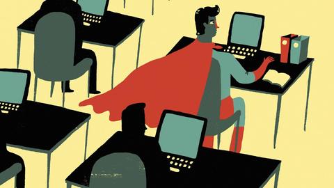 Illustration: Büro-Superheld sitzt an einem Schreibtisch im roten Umhang.