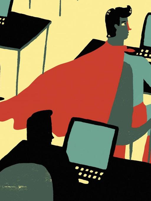 Illustration: Büro-Superheld sitzt an einem Schreibtisch im roten Umhang.