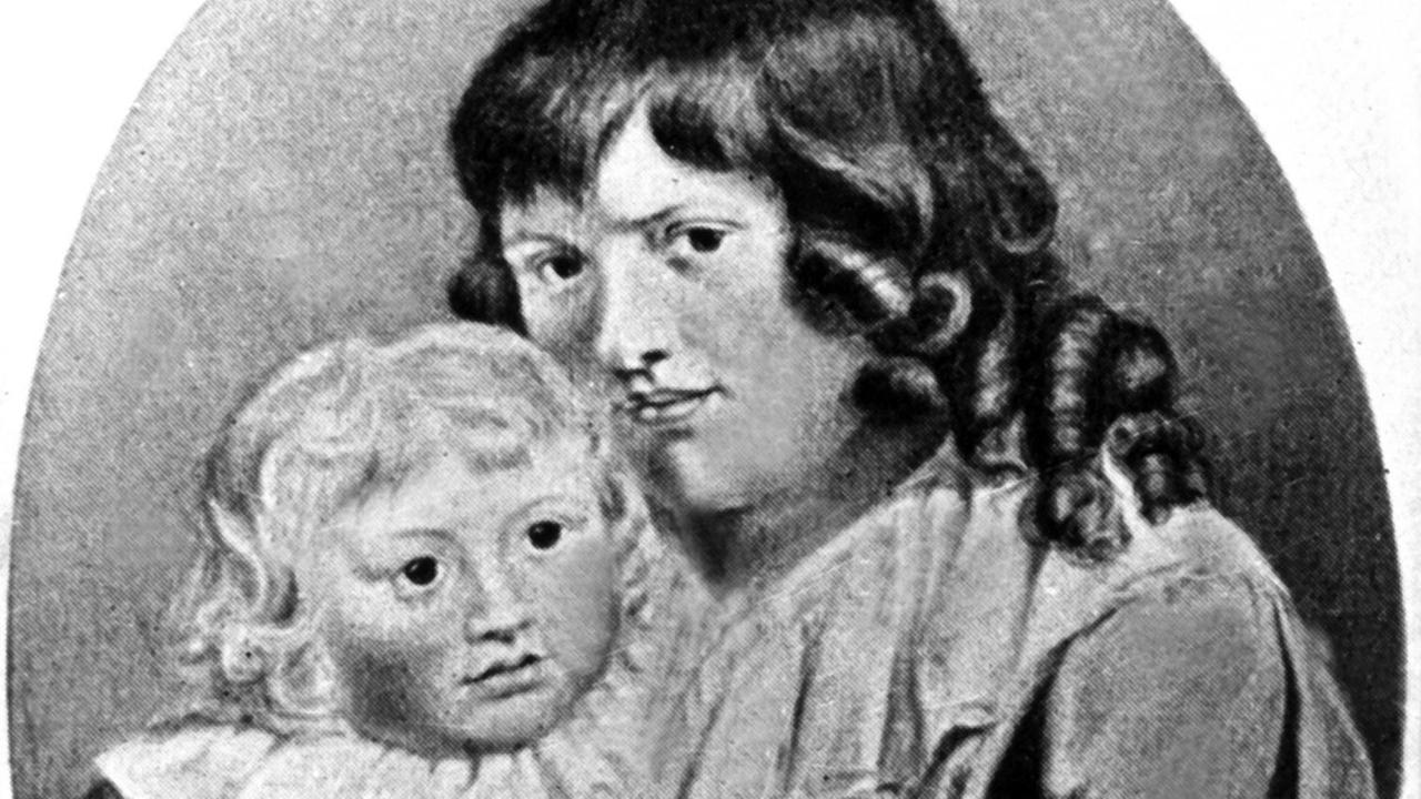 Christiane Vulpius, Frau von Johann Wolfgang Goethe, mit ihrem gemeinsamen Sohn August, zeitgenössisches Bildnis.