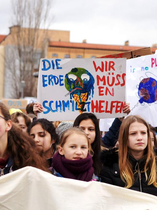 Eine Reihe Demonstrantinnen hält ein großes Banner und geht eine Straße entlang, sichtbar sind vor allem die Plakate, die sie in die Höhe halten. Unter anderem mit der Aufschrift "Die Erde schmilzt, wir müssen helfen".