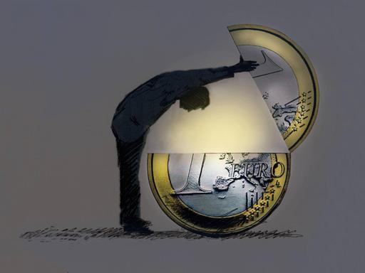 Ein Mann guckt in eine aufgeklappte Euromünze. (Zeichnung)