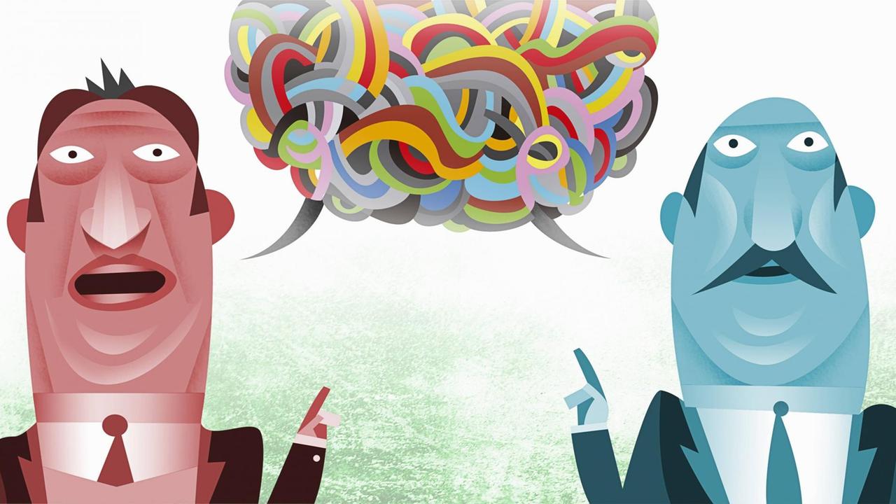 Illustration: zwei Männer mit Kommunikationsproblemen mit verworrener regenbogenbunter Sprechblase. Illustration: zwei Männer mit Kommunikationsproblemen mit verworrener regenbogenbunter Sprechblase.