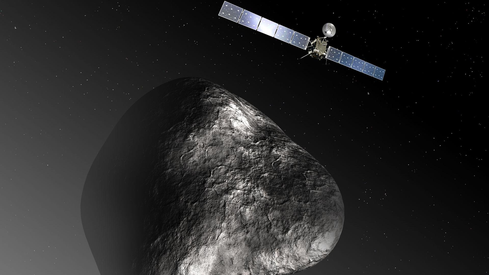 Eine Animation der European Space Agency (ESA) zeigt die Raumsonde "Rosetta" in der Nähe des Kometen 67P/Churyumov–Gerasimenko. Eine Animation der European Space Agency (ESA) zeigt die Raumsonde "Rosetta" in der Nähe des Kometen 67P/Churyumov–Gerasimenko.