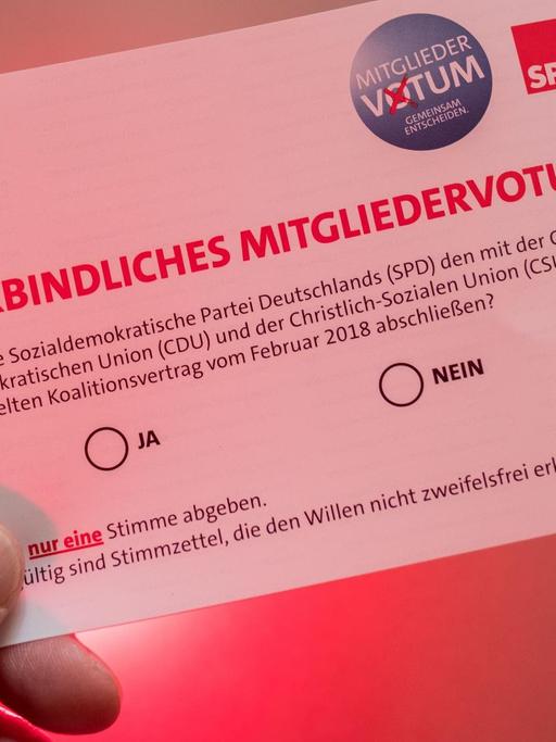 Eine Hand hält den Stimmzettel vor einem rötlichen hintergrund.