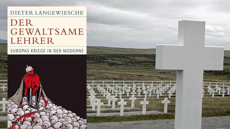 Buchcover: "Der gewaltsame Lehrer. Europas Kriege in der Moderne". Hintergrundbild: Ein Soldatenfriedhof Buchcover: "Der gewaltsame Lehrer. Europas Kriege in der Moderne". Hintergrundbild: Ein Soldatenfriedhof