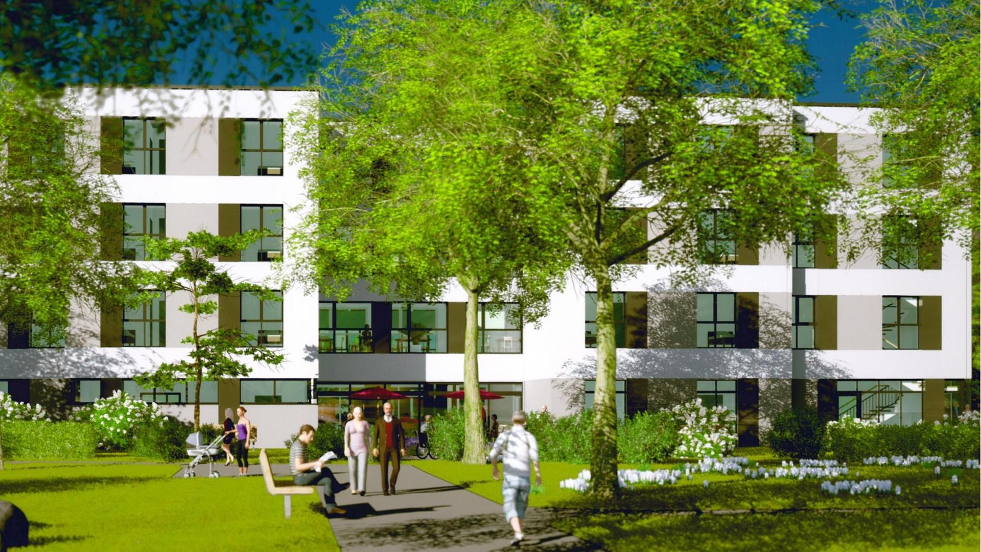 Außenansicht des Neubaus von St- Hildegard in Düsseldorf. Im Vordergrund Bäume, ein Beet, und Menschen, die flanieren. Außenansicht des Neubaus von St- Hildegard in Düsseldorf. Im Vordergrund Bäume, ein Beet, und Menschen, die flanieren.