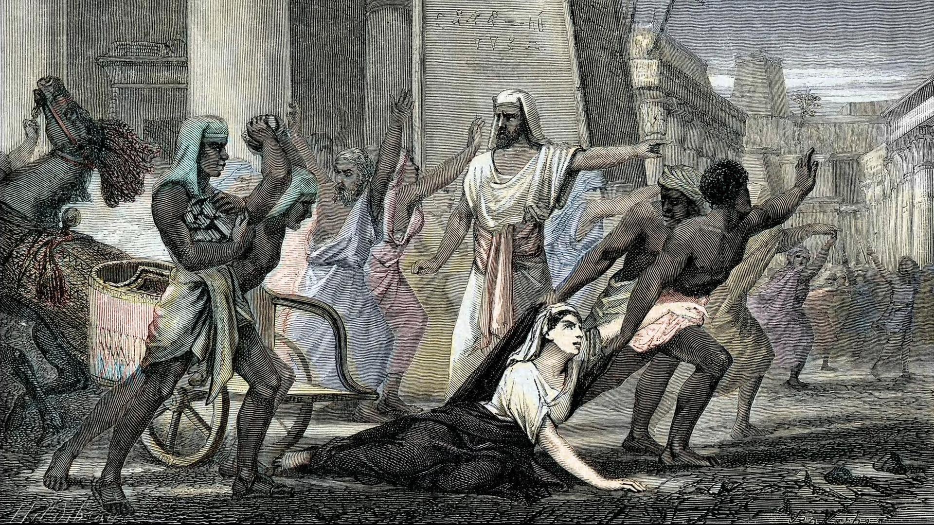 Alte Zeichnung der Hypathia wie sie über die Strasse gezerrt wird, Alte Zeichnung der Hypathia wie sie über die Strasse gezerrt wird,