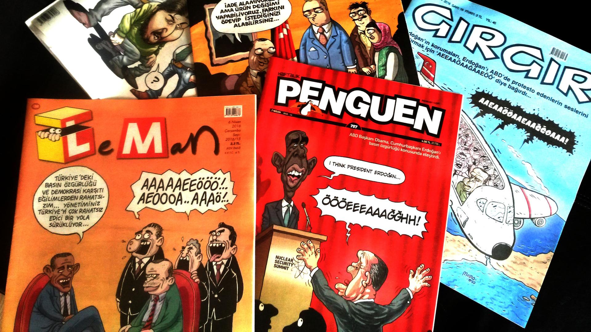 Die großen Istanbuler Satiremagazine: "Leman" und "Penguen" karikieren die Anweisung an Erdogans Bodyguards, kritische Demonstranten durch lautes Schreien selbst zu übertönen. Die großen Istanbuler Satiremagazine: "Leman" und "Penguen" karikieren die Anweisung an Erdogans Bodyguards, kritische Demonstranten durch lautes Schreien selbst zu übertönen.