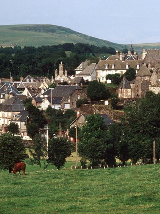 Blick über eine Kuhweide auf Salers im Departement Cantal. (Undatiert). Der mittelalterliche Charakter des Ortes wurde bis heute erhalten.