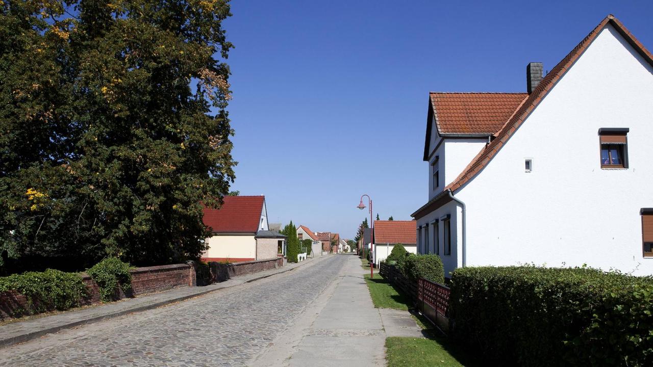Eine von Häusern und Gärten gesäumte Pflasterstraße. Eine von Häusern und Gärten gesäumte Pflasterstraße.