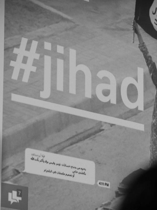 Das Wort ''Jihad'' wird während einer Präsentation des Bayrischen Netzwerks für Prävention und Deradikalisierungsprogramm gegen Salafismus gezeigt