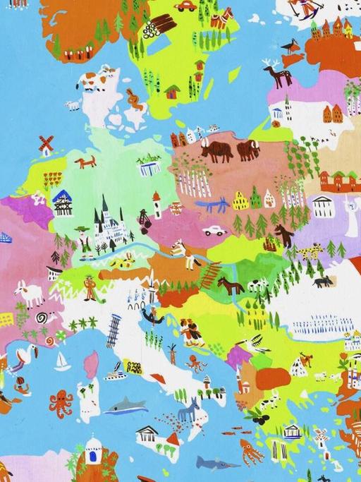 Illustrierte Karte der europäischen Kultur und Tierwelt.