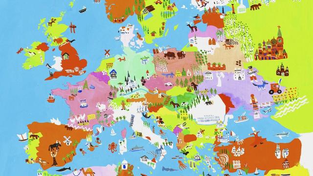 Illustrierte Karte der europäischen Kultur und Tierwelt.
