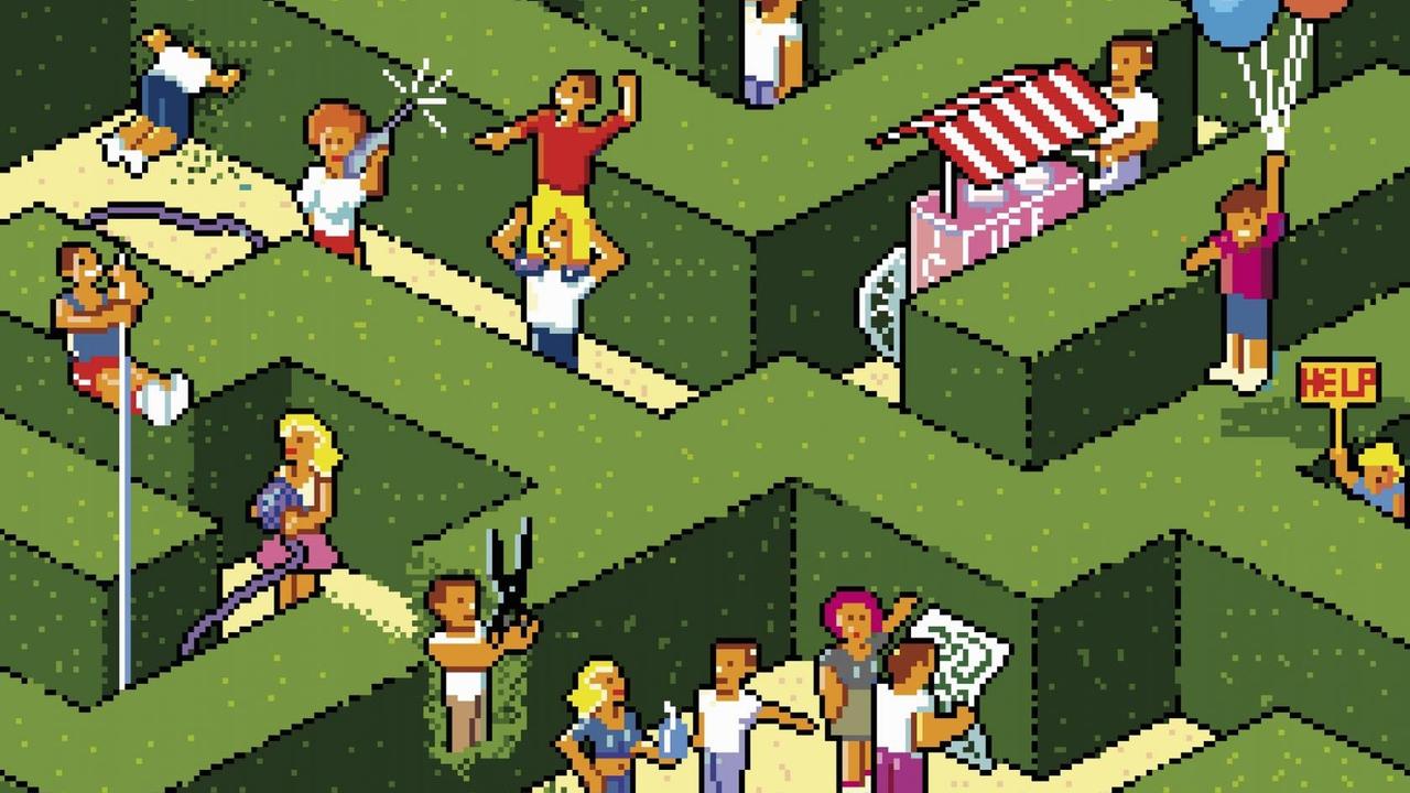 Pixel-Art-Illustration von einer Menschenmenge, die einen Ausweg aus einem Irrgarten sucht.