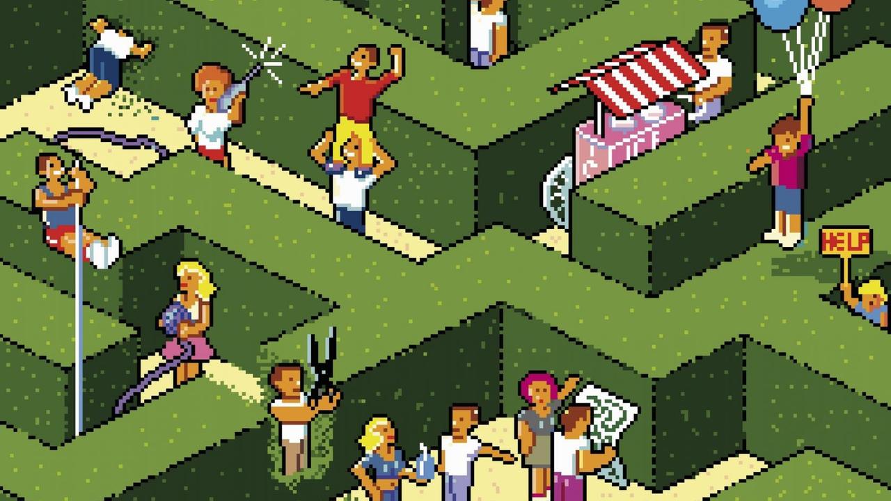 Pixel-Art-Illustration von einer Menschenmenge, die einen Ausweg aus einem Irrgarten sucht. Pixel-Art-Illustration von einer Menschenmenge, die einen Ausweg aus einem Irrgarten sucht.