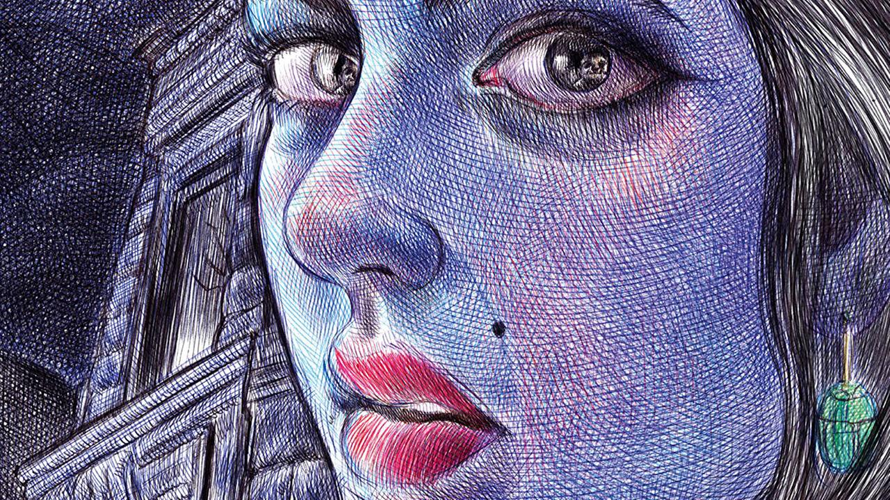 Ausschnitt aus dem Cover: Eine Frau mit blau schraffierter Haut blickt einen an. Im Hintergrund ist Architektur mit gruseliger Stimmung. Ausschnitt aus dem Cover: Eine Frau mit blau schraffierter Haut blickt einen an. Im Hintergrund ist Architektur mit gruseliger Stimmung.