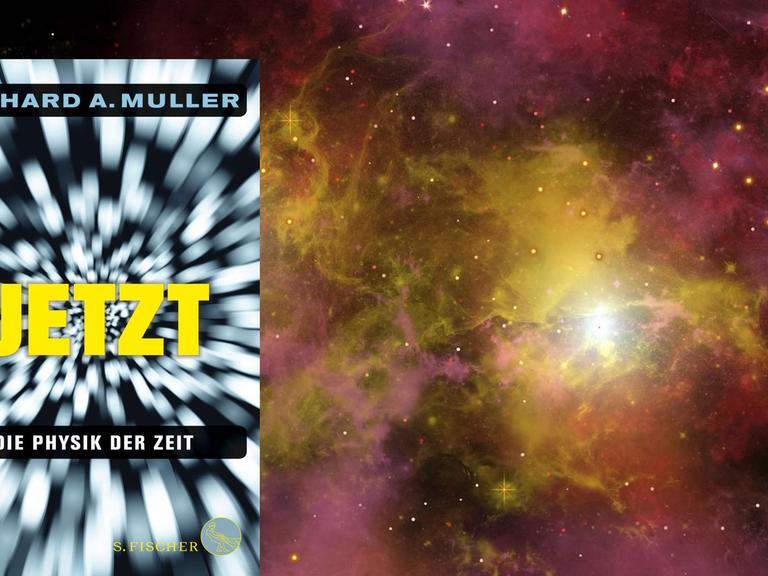 Buchcover "Die Physik der Zeit" von Richard Muller, im Hintergrund: Zwei Sterne leuchten aus einem Sternennebel in einer fernen Galaxie.