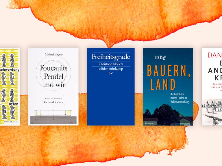 Buchcover der fünf nominierten Bücher für den Sachbuchpreis der Leipziger Buchmesse 2021 auf einer orangenen Fläche.