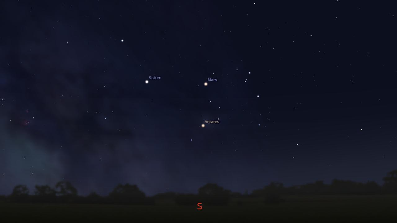 Mars, Saturn und Antares zeigen sich gegen 4 Uhr im Süden
