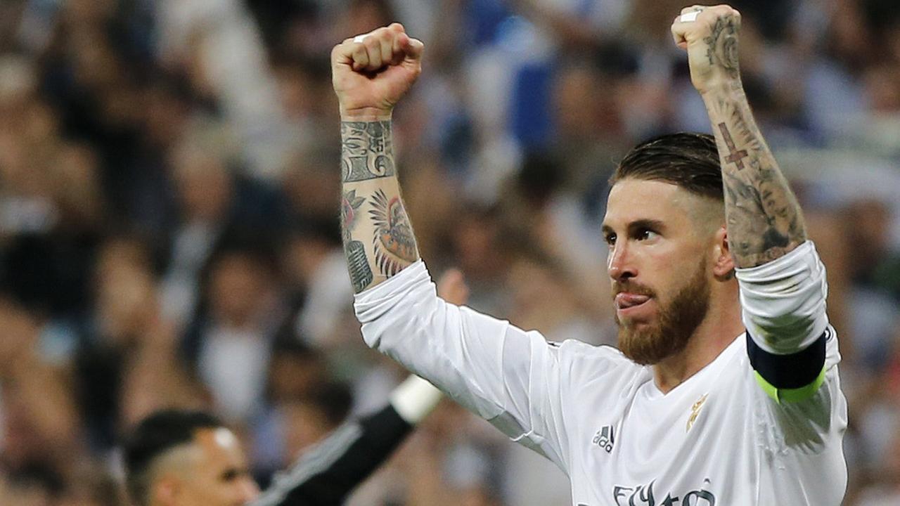 Sergio Ramos, der Kapitän von Real Madrid, jubelt über den Halbfinal-Sieg gegen Manchester City in der Champions League. Sergio Ramos, der Kapitän von Real Madrid, jubelt über den Halbfinal-Sieg gegen Manchester City in der Champions League.