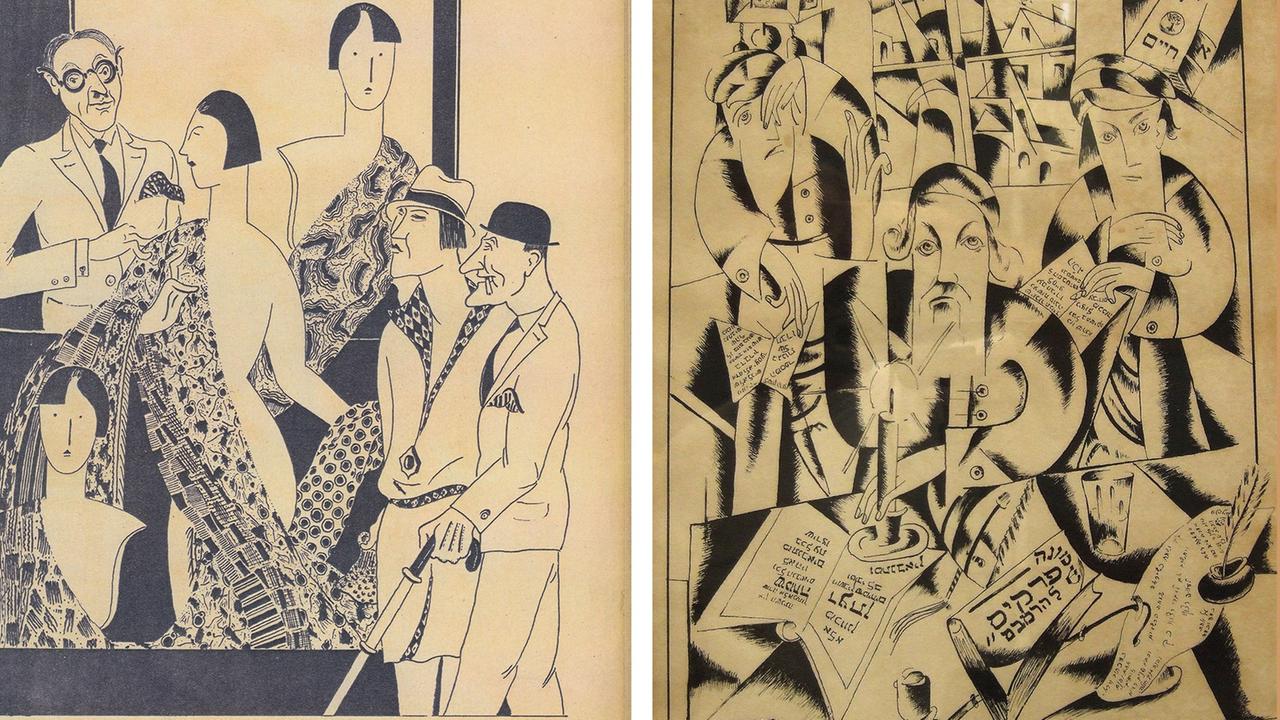 Zwei schwarz-weiße Zeichnungen aus den 20er-Jahren zeigen menschliche Gestalten. Zwei schwarz-weiße Zeichnungen aus den 20er-Jahren zeigen menschliche Gestalten.