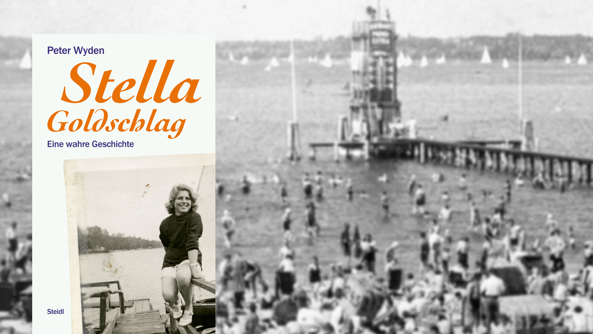 Cover von Peter Wydens "Stella Goldschlag", im Hintergrund sind Badegäste im Berliner Strandbad Wannsee um 1935 zu sehen