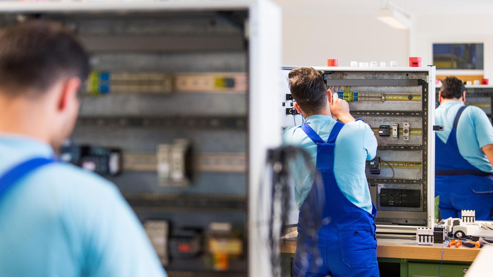 Drei junge Flüchtlinge arbeiten im Ausbildungszentrum der Siemens Professional Education in Leipzig an der Verdrahtung eines Schaltschranks. Drei junge Flüchtlinge arbeiten im Ausbildungszentrum der Siemens Professional Education in Leipzig an der Verdrahtung eines Schaltschranks.