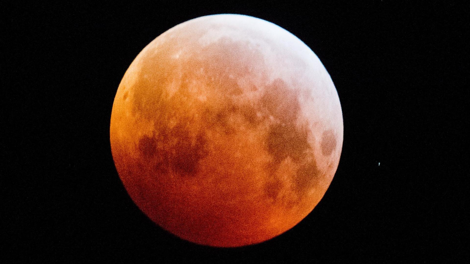 21.01.2019, Niedersachsen, Laatzen: Verdunkelt zeigt sich der Vollmond als sogenannter «Blutmond» und erscheint dabei rötlich. Mond, Sonne und Erde stehen bei einer Mondfinsternis genau in einer Linie. Foto: Julian Stratenschulte/dpa | Verwendung weltweit 21.01.2019, Niedersachsen, Laatzen: Verdunkelt zeigt sich der Vollmond als sogenannter «Blutmond» und erscheint dabei rötlich. Mond, Sonne und Erde stehen bei einer Mondfinsternis genau in einer Linie. Foto: Julian Stratenschulte/dpa | Verwendung weltweit