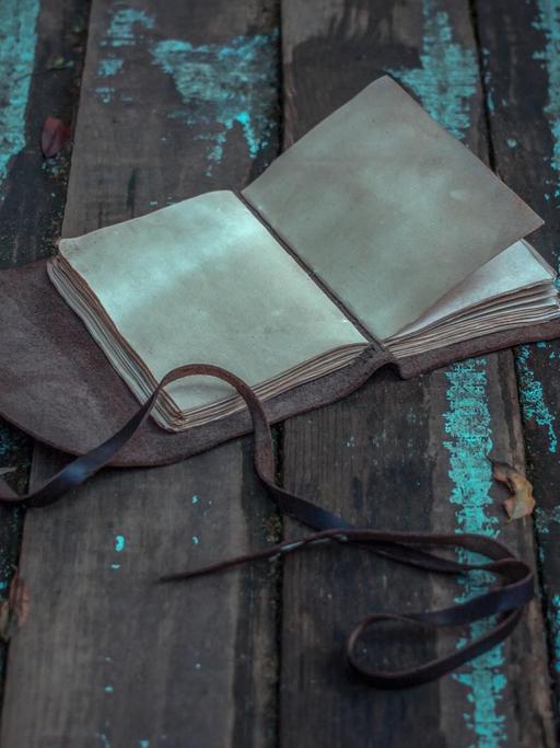 Ein altes Tagebuch mit Ledereinband liegt aufgeschlagen auf einem Dielenboden.