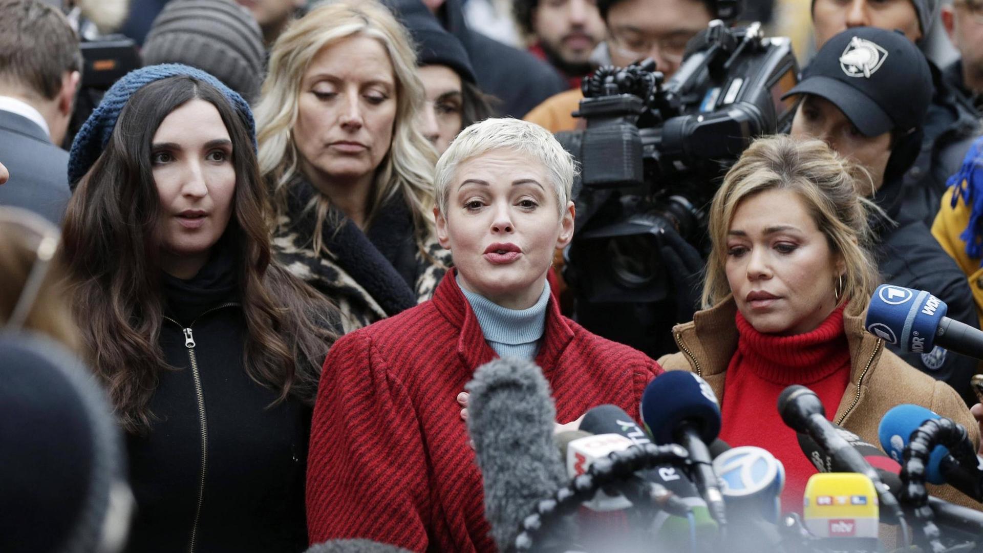 Rose McGowan and other accusers hold a press conference after American film producer Harvey Weinstein arrives at Manhattan Court before the start of his sexual misconduct trial on Monday, January 6, 2020 in New York City. Harvey Weinstein is scheduled to stand trial on rape charges. The criminal trial is expected to begin with jury selection on Tuesday.