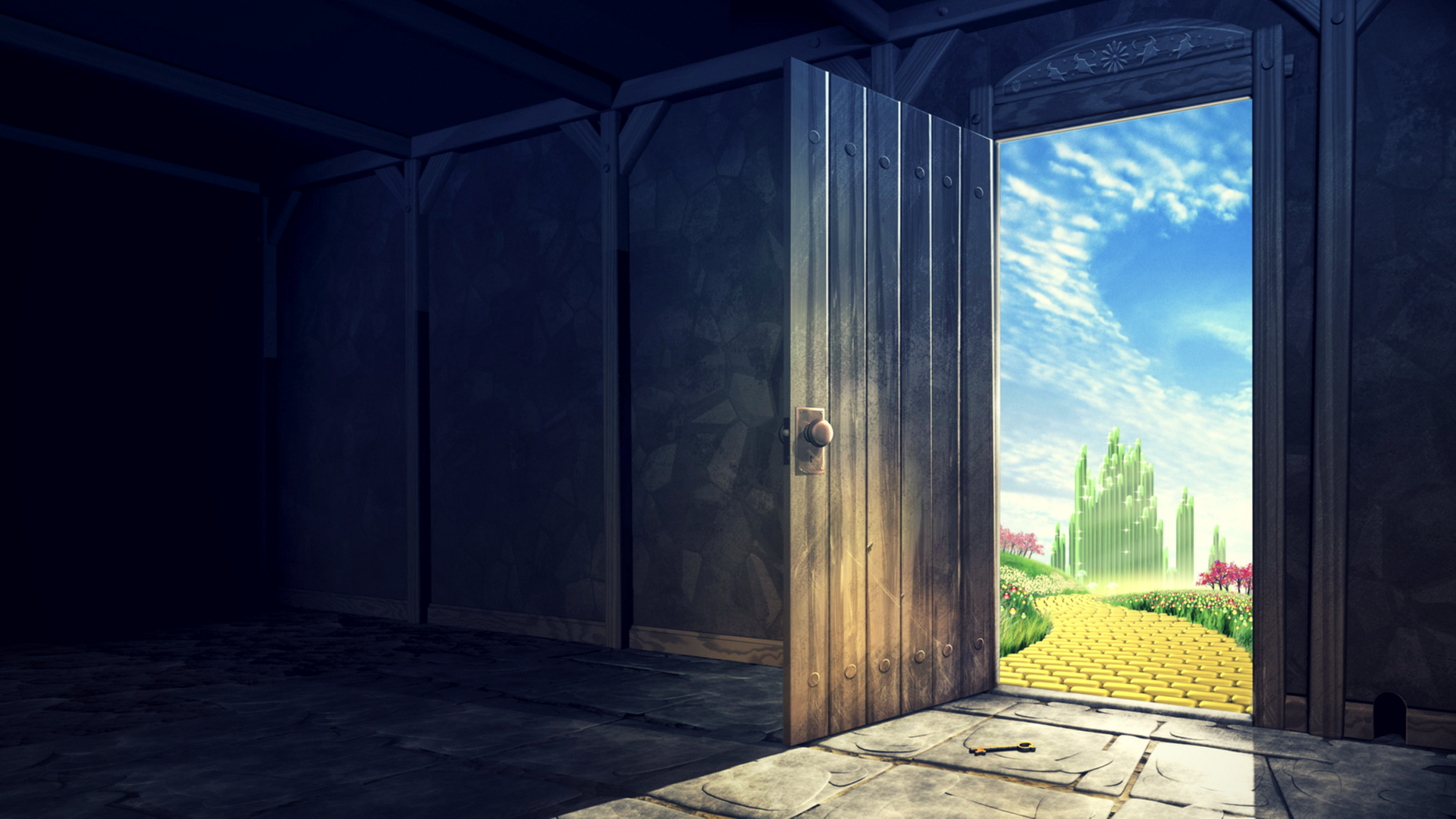 Eine offene Tür in einem dunklem Raum führt zu einem gelbem Ziegelsteinweg.